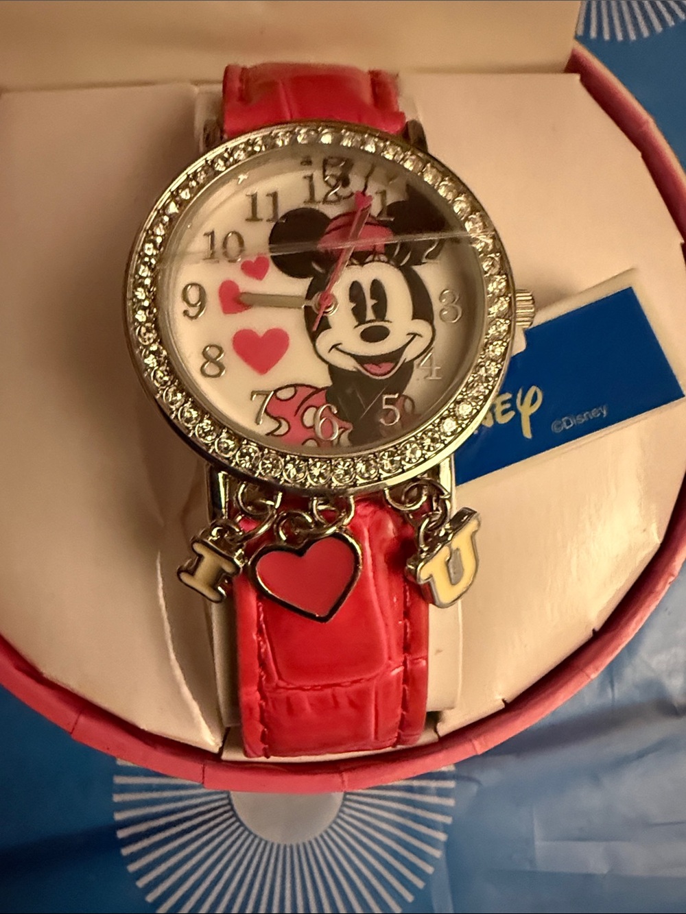Disney Minnie Mouse Pink Heart Charm Crystal Bezel Kids Watch VINTAGE DISNEY MIN